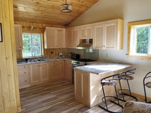 Spacious kitchen with spacious maple cabinets, pantry and sit around island 