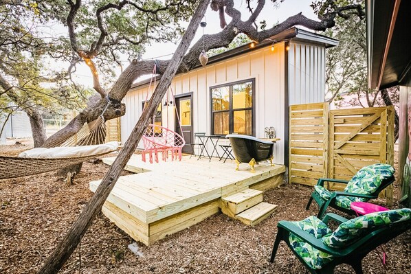 Artsy Cabin Front View with hammock