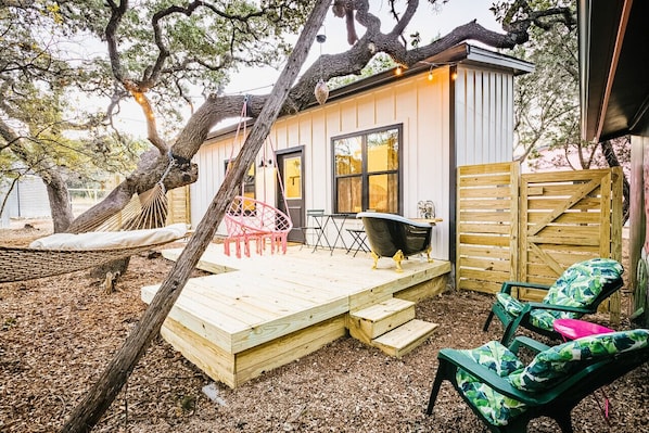Artsy Cabin Front View with hammock