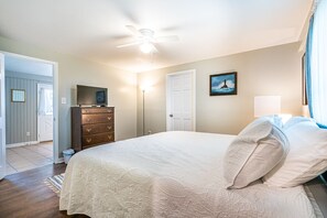 Memory foam bed with 100% cotton sheets for a comfortable night's sleep.