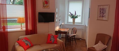 Ferienwohnung- 4 Personen, 67qm, 1 Schlafzimmer, Sonnenterrasse-Das Wohnzimmer