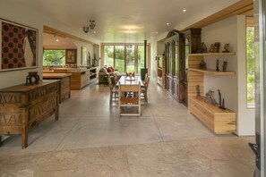 The living room and dining room.