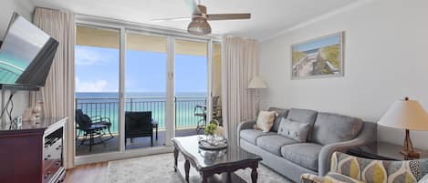 Ocean Front Living Area with Flat Screen TV, Sleeper Sofa and Private Balcony Access