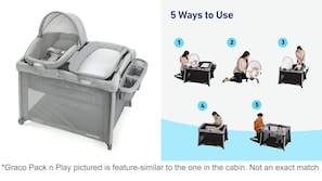 Pack n play with infant insert, bouncer, changing table.