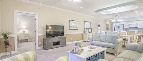 Open floor plan living room, dining room, kitchen and sunroom