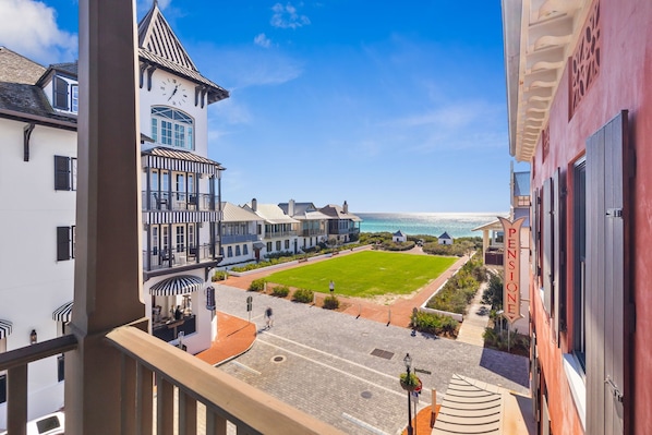 Antigua Penthouse is at the south end of Rosemary's Main St. Directly across from the pearl hotel, with views of the Gulf from both levels and sunset views to the west.