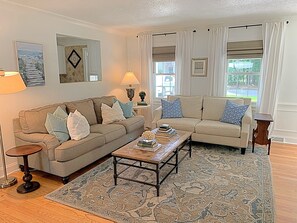 Pottery Barn coffee table, sofa and rug