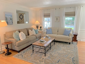 Pottery Barn coffee table, sofa and rug