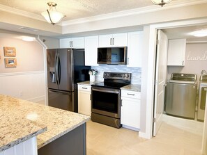 Fully stocked kitchen with new appliances.