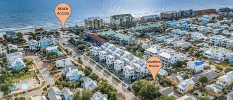 Aerial view of house and beach access (3-min walk)