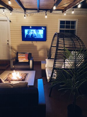 Enjoy a fire on the patio while watching your favorite show
