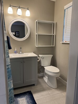 Master Bath- shower, toilet paper, towels & washcloths, shampoo, soap, hairdryer