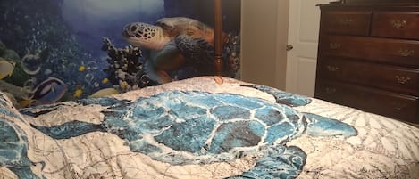 Master Bedroom W/ Undersea whole wall mural. Serene and Romantic. Hope U Enjoy🐢