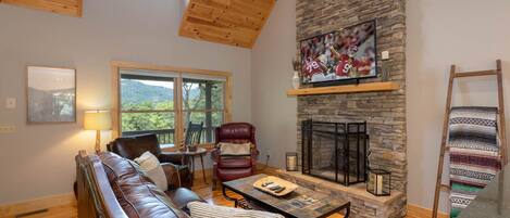 Living Room with Stacked Stone Gas Fireplace