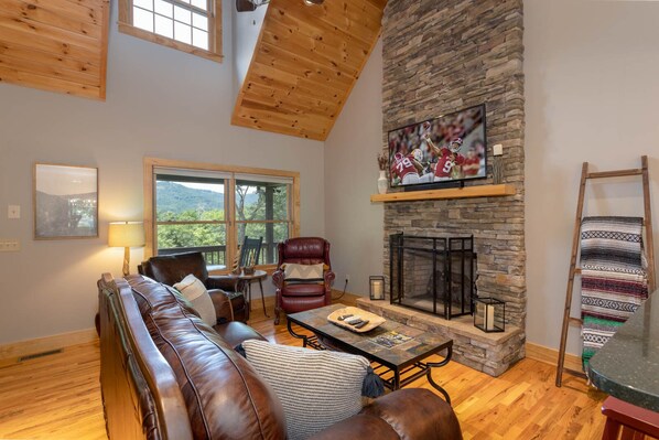 Living Room with Stacked Stone Gas Fireplace