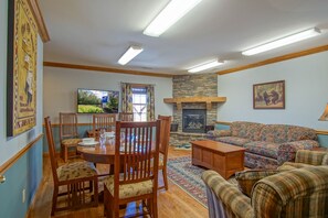 The living room has a gas fireplace.