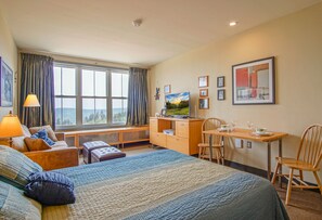 Sleeping, living room area and dinning area view of this studio