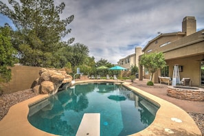 Dive into this refreshing pool (brick fire pit decoration only)