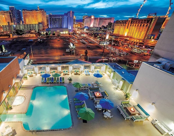 Sky view of the hotel pool and city 