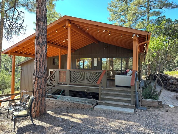 East side deck with hot tub, outside the kitchen. Great for family gatherings