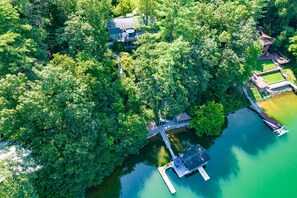 aerial view of house and dock