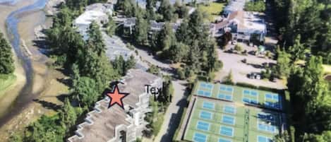 Aerial view of Pacific Shores Resort.  Star is Creekside Suites - 4th floor
