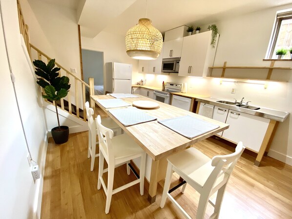 Scandinavian inspired kitchen and island with custom wood counter top 