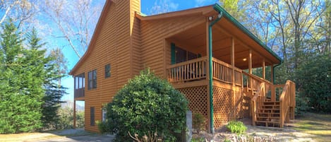 Front/Side Exterior of Bear Path showing covered porch and back screened porch