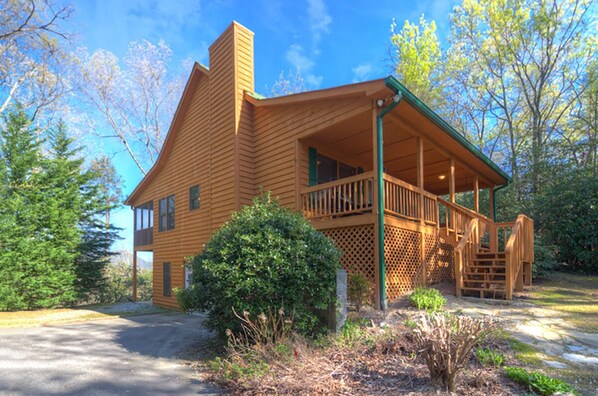 Front/Side Exterior of Bear Path showing covered porch and back screened porch