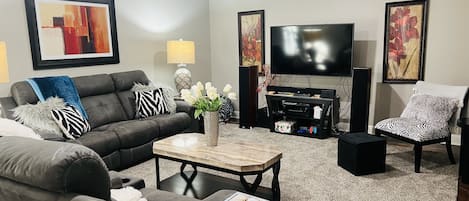 Living room, Nintendo switch, large tv, Netflix, Disney plus 