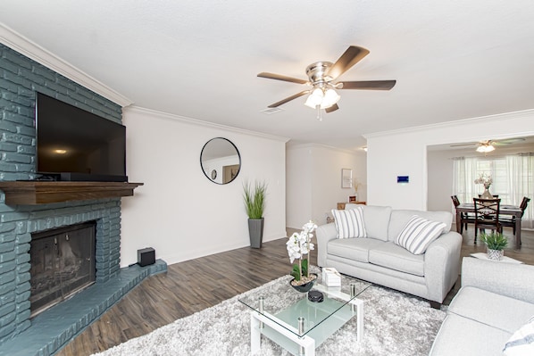 Living Room with sound bar and HD TV