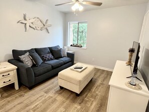 Living room featuring a queen sized sleeper sofa and smart T.V.