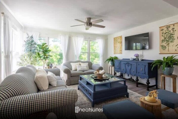 Spacious living room with cozy seating