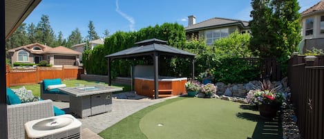 putting green, patio, fire table and hot tub