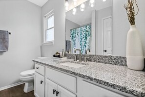 Master en-suite bathroom with granite countertop and walk-in shower.
