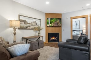 Our Living Room features a 55" 4k Smart TV and a beautiful gas fireplace for you r enjoyment.