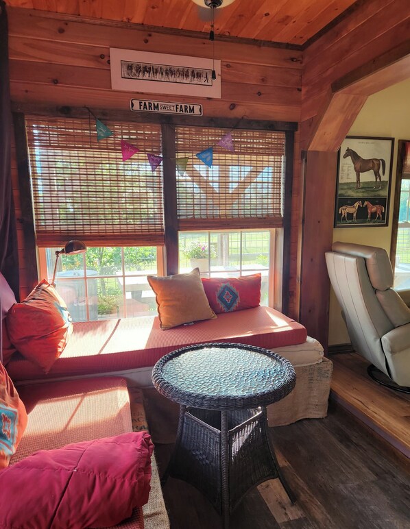 Sofa bed #2, 24" x 72" bunk bed. Sheets and blankets provided.
