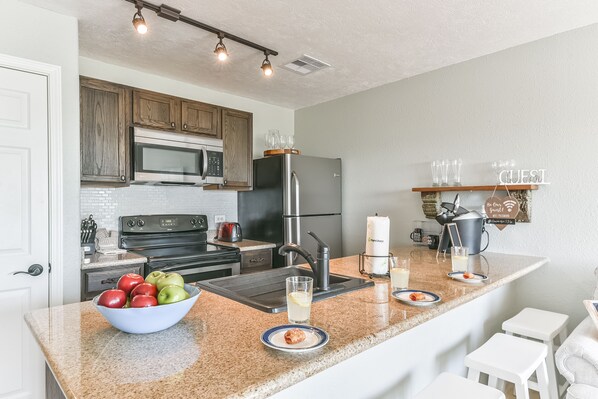 If you decide to dine in for the night, the kitchen is fully stocked and has full size appliances
