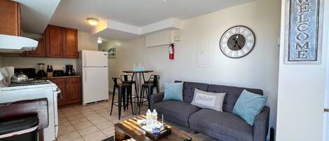 Spacious living room with eat-in kitchen. Couch turns into a full-sized futon.