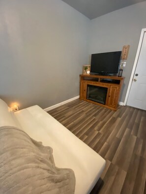 Futon. Folds down for additional bed. 