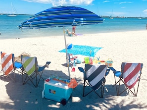 Beach mat, chairs, umbrella, cooler, toys etc.. included. Please rinse sand off