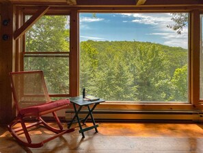 Comfortable living room with beautiful view and wood burning stove.