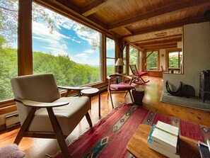 Comfortable living room with beautiful view and wood burning stove.