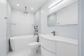 Gorgeous and serene combo shower & soak tub with multiple water features