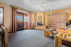 Seating area and outdoor balcony and decor fireplace