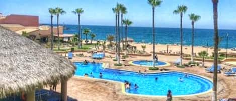 Wonderful beach access with pools, gazebo, corn hole, volley ball.