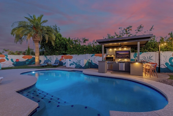 Private backyard oasis with pool and hot tub