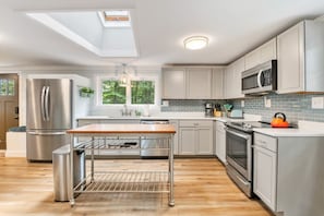 Kitchen - fridge, freezer, ice maker, dishwasher, electric stove, and microwave.