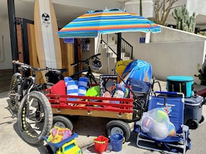 Free bikes (fat and regular)! We provide everything you need to enjoy San Clemente at no charge: Bikes and helmets, Boogie Boards, Beach Chairs, Beach Towels, Umbrella, a wagon, a cooler, beach paddleball, and even yoga mats.
