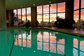 Large atrium pool overlooking ski slop, hope tub is behind photographer